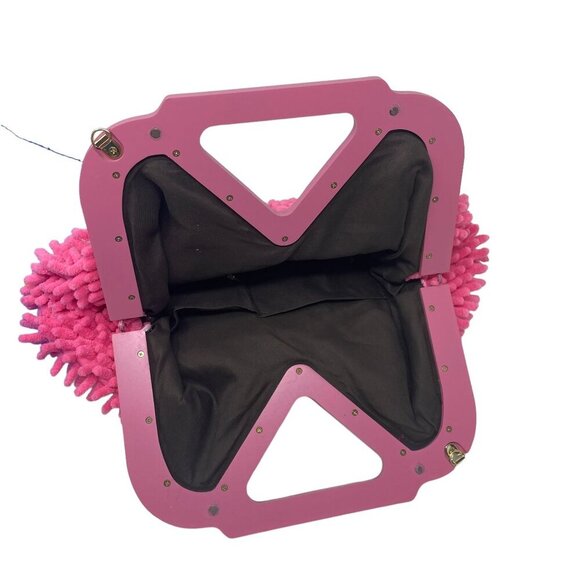 Pink Chenille Handbag Wooden Handle Soft Fluffy Bubblegum Princess - Picture 5 of 5